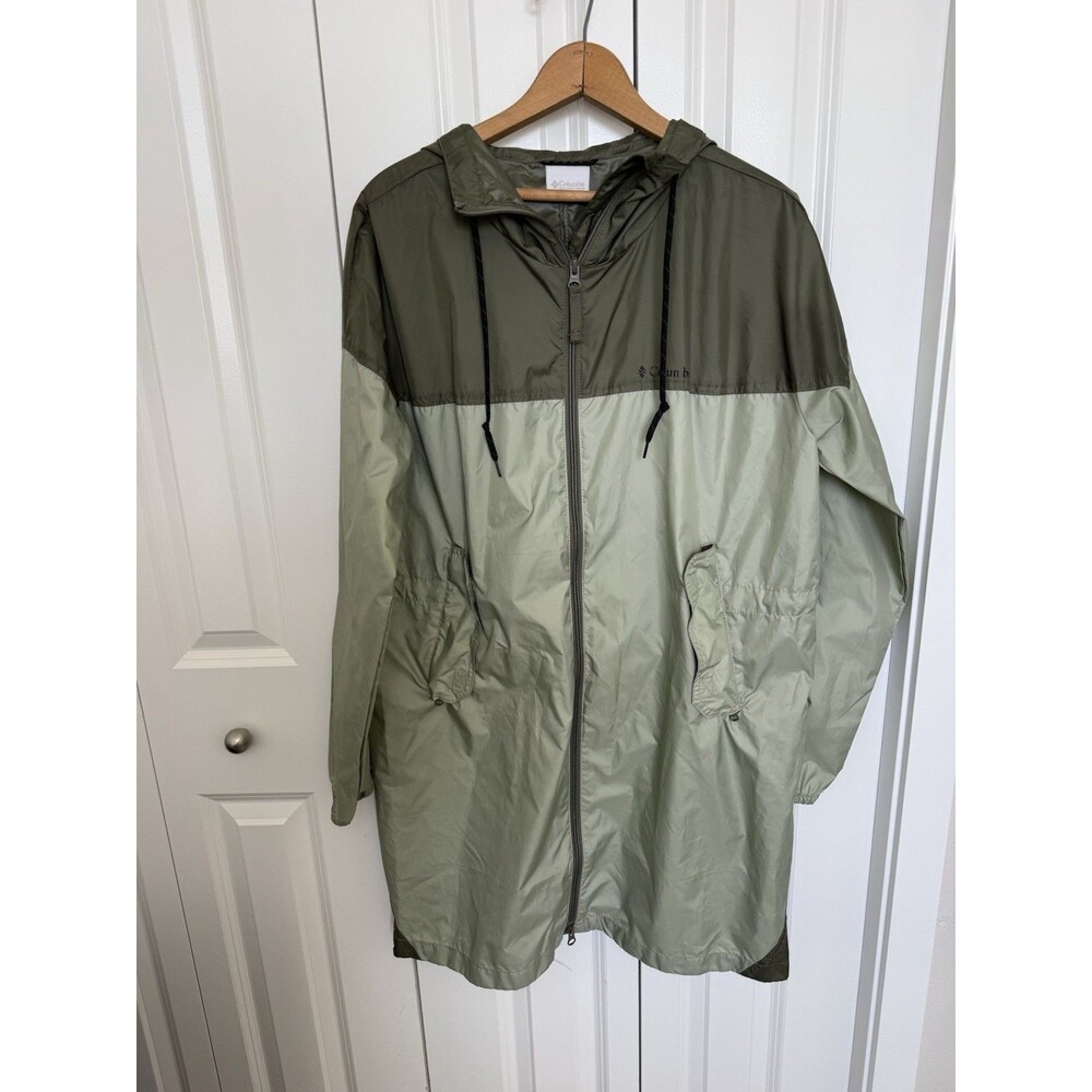 Columbia Flash Challenger Jacket Womens Large 2 tone green  Long rain Coat